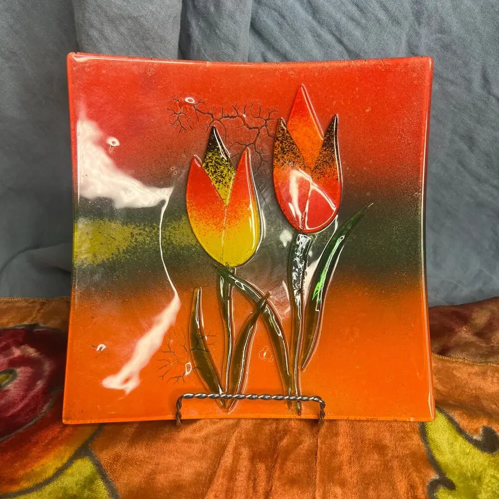 Square Fused Art Glass Tulip Platter Bowl Wall Hanging Handmade Vintage 70s
